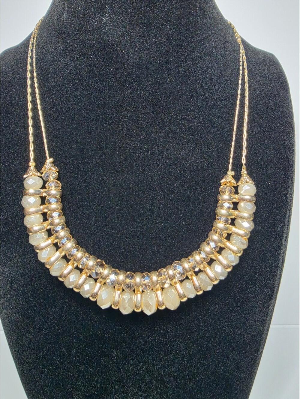 Charming Charlie Gold Tone Beaded Bib Statement Collar Necklace Cream  Clear 15"
